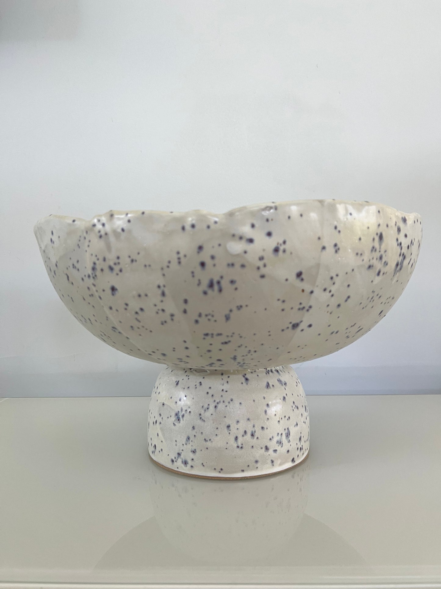 Pedestal Fruit Bowl - Matte White with Indigo Specks