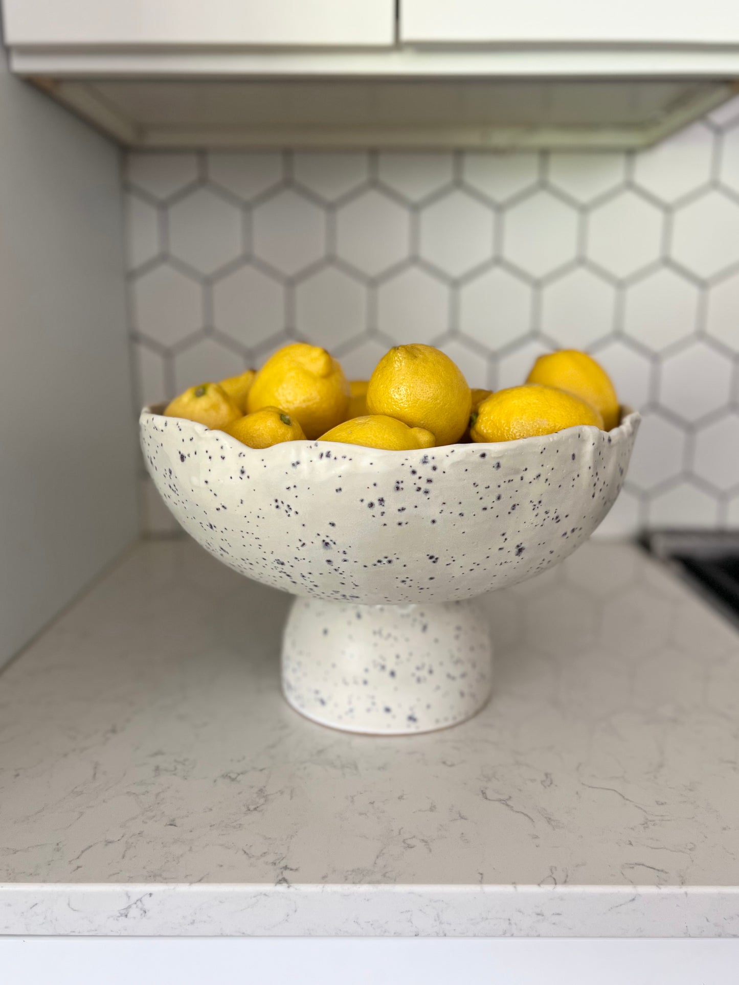 Pedestal Fruit Bowl - Matte White with Indigo Specks