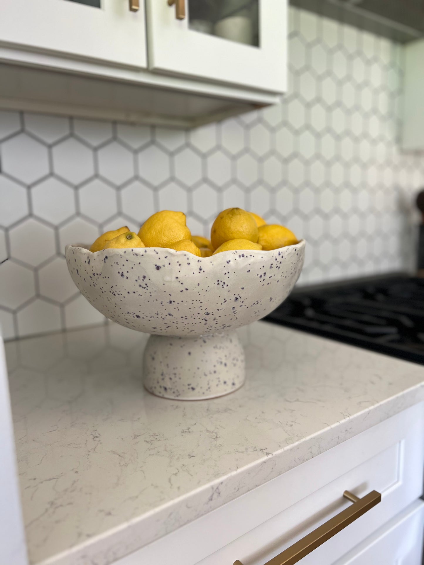 Pedestal Fruit Bowl - Matte White with Indigo Specks