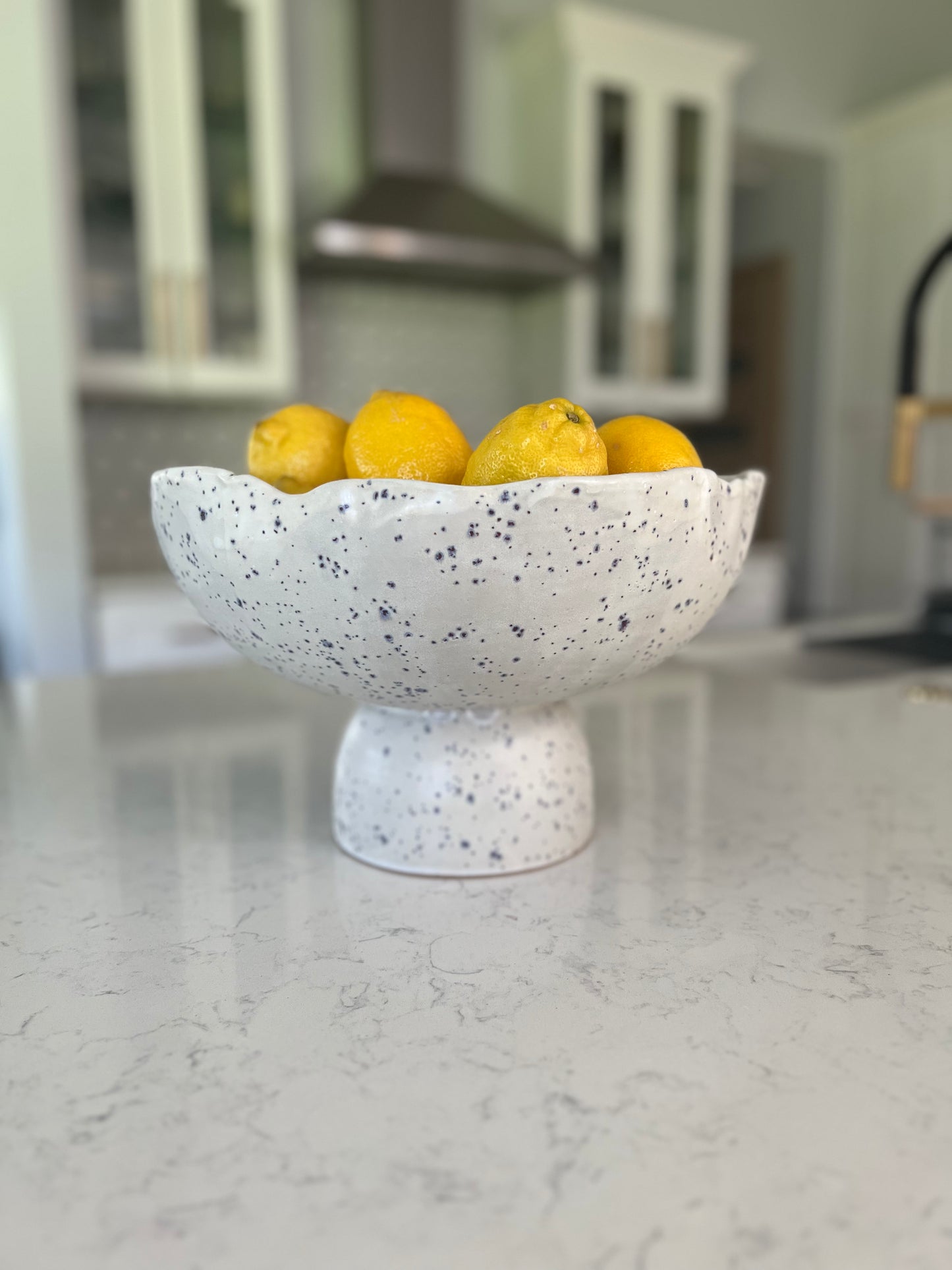 Pedestal Fruit Bowl - Matte White with Indigo Specks