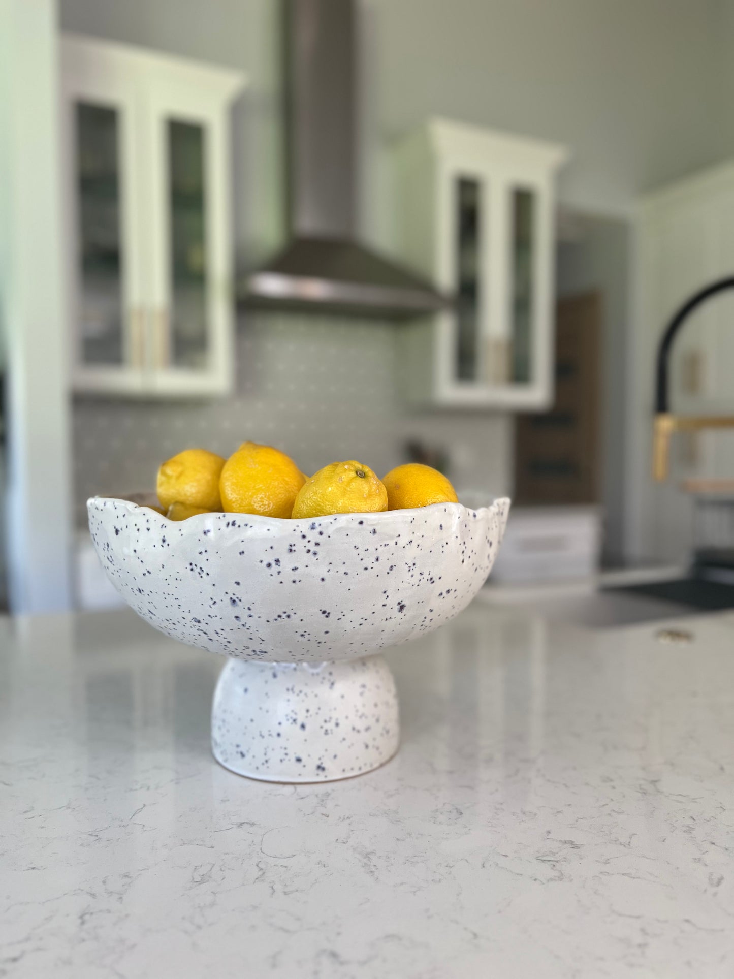 Pedestal Fruit Bowl - Matte White with Indigo Specks