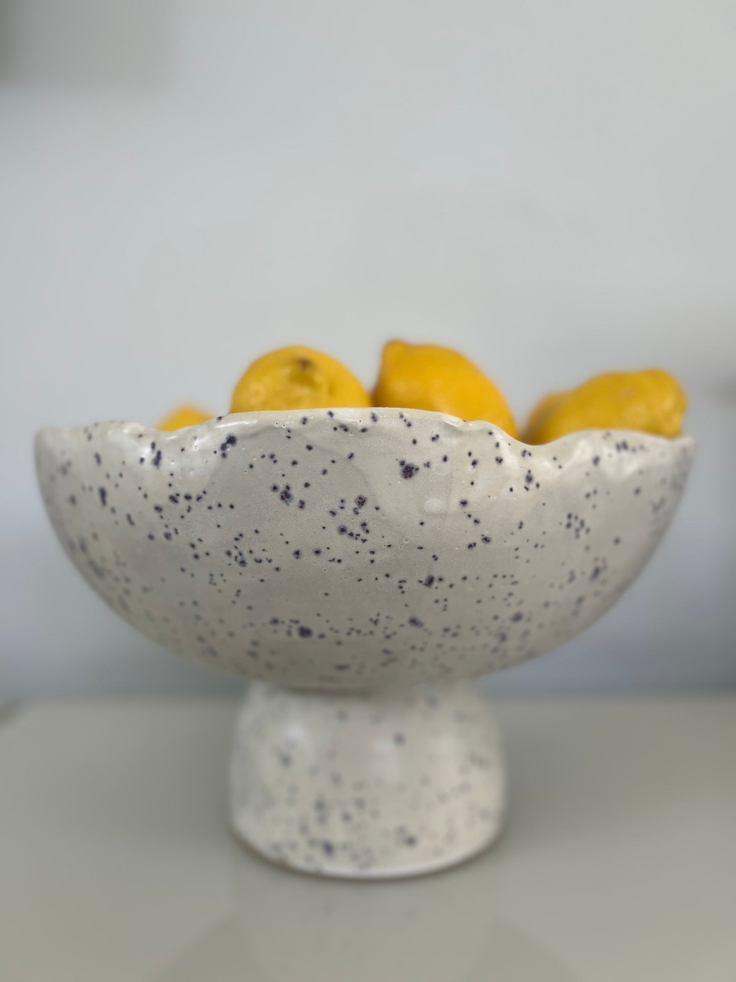 Pedestal Fruit Bowl - Matte White with Indigo Specks