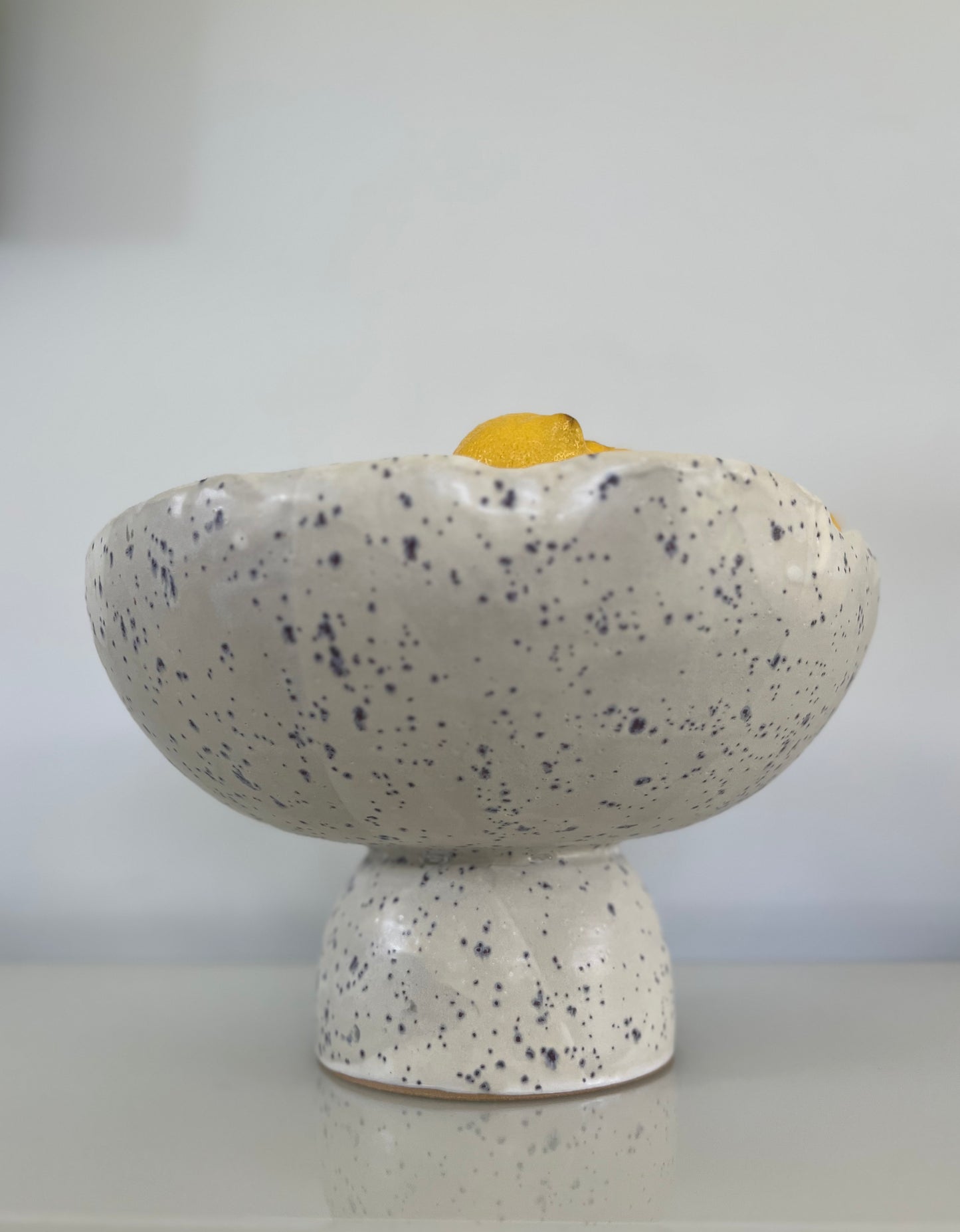 Pedestal Fruit Bowl - Matte White with Indigo Specks