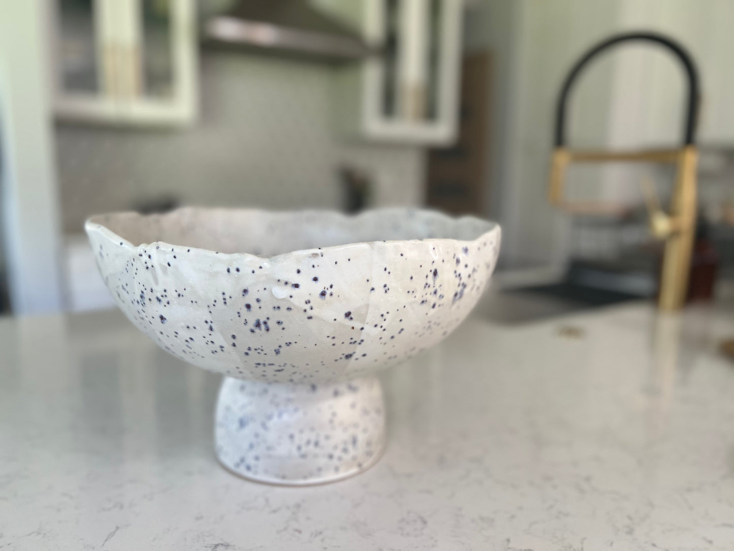 Pedestal Fruit Bowl - Matte White with Indigo Specks
