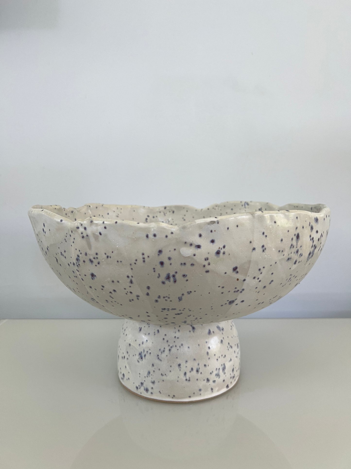 Pedestal Fruit Bowl - Matte White with Indigo Specks