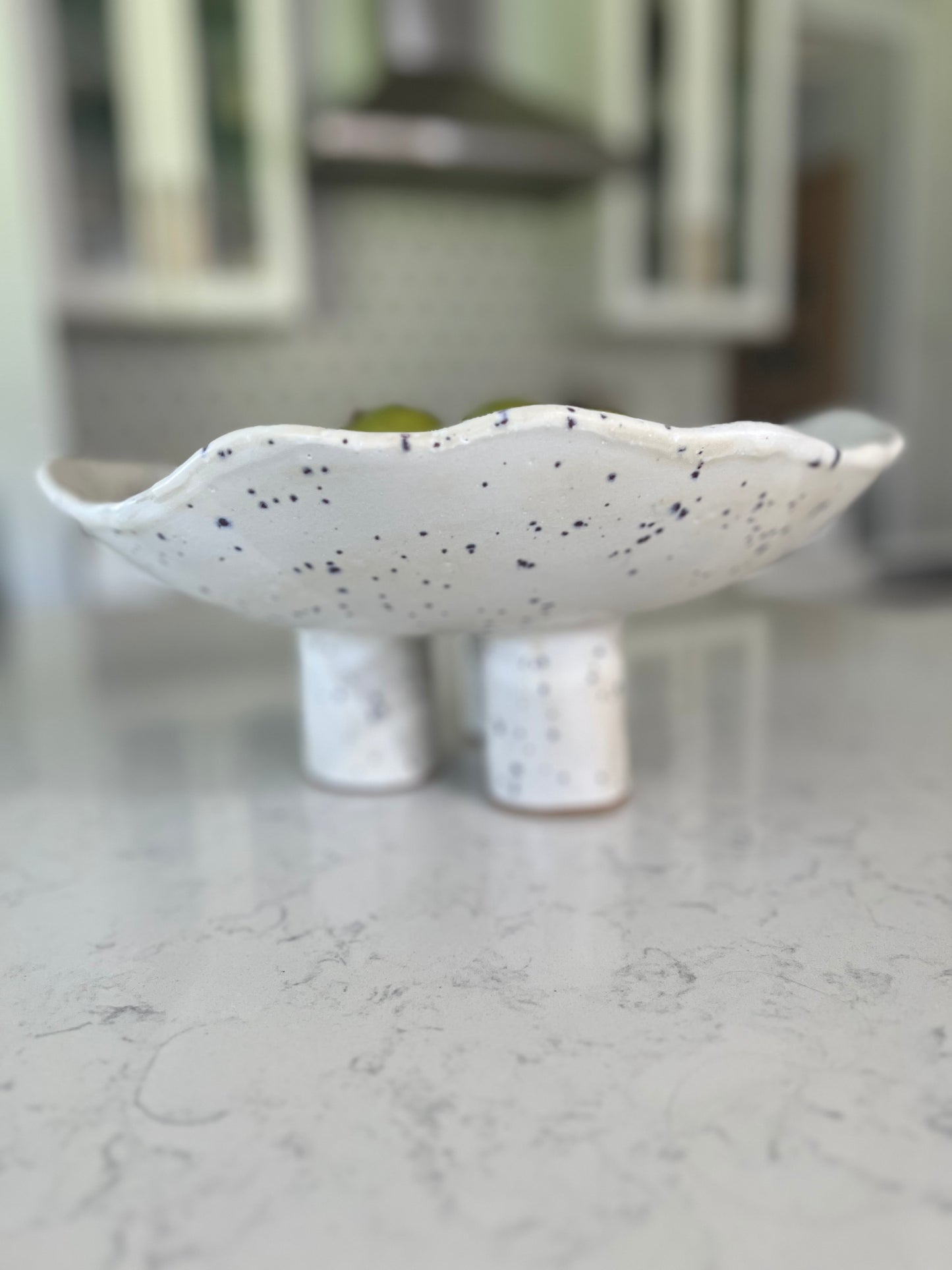 Three-Legged Pillar Pedestal Fruit Bowl - Matte White with Indigo Specks