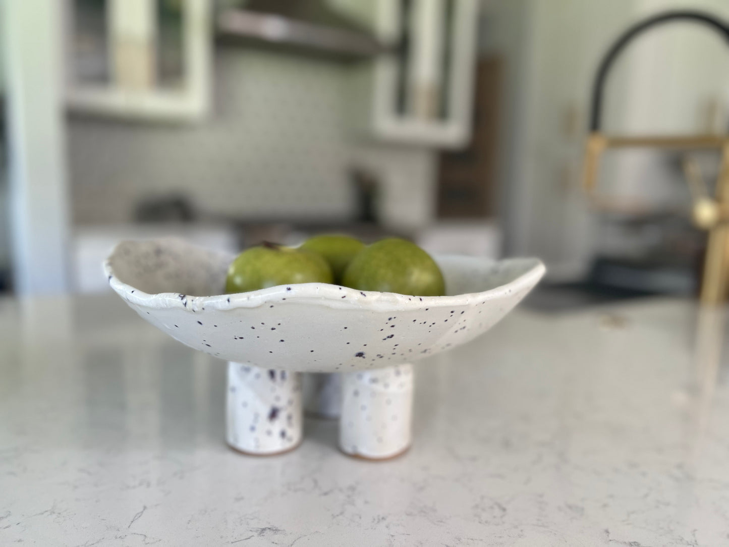 Three-Legged Pillar Pedestal Fruit Bowl - Matte White with Indigo Specks