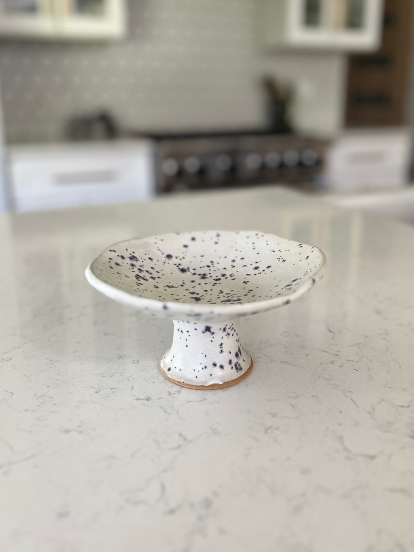 Mini Pedestal Dish Catchall - Matte White with Indigo Specks