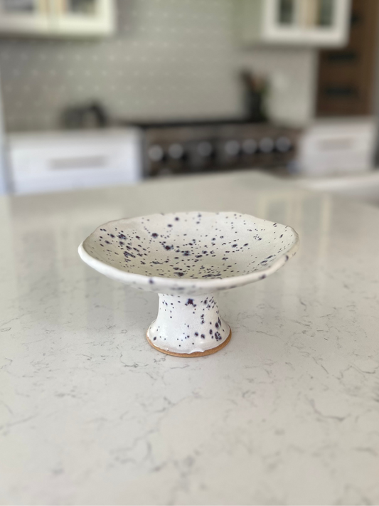 Mini Pedestal Dish Catchall - Matte White with Indigo Specks