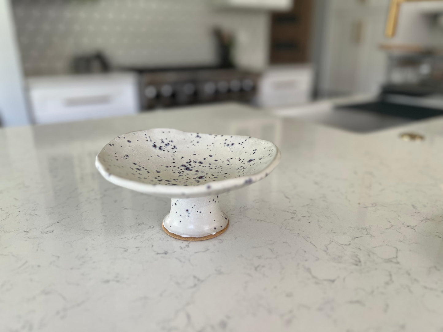 Mini Pedestal Dish Catchall - Matte White with Indigo Specks